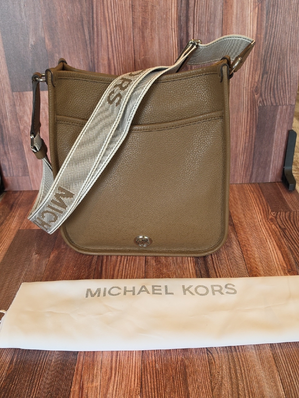 Michael Korrs Luisa Driftwood Peppled Messenger Crossbody with Logo Strap